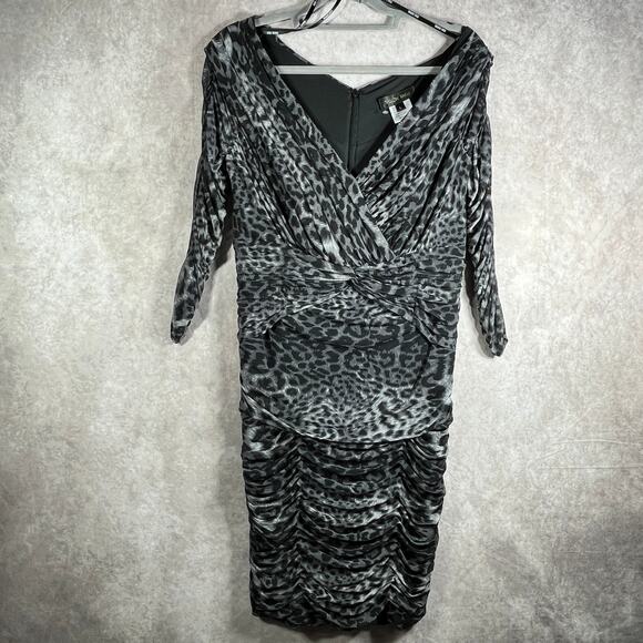 Tadashi Shoji Dress Womens Large Gray Leopard Print Ruched Sheath Cocktail Party - Picture 1 of 10